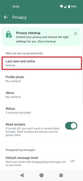 Selecting "Last seen and online" option in Privacy menu in WhatsApp for Android.