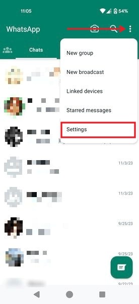 Selecting Settings option in WhatsApp for Android.