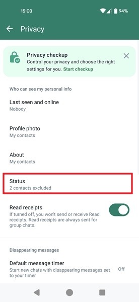 Tapping on Status option in Privacy menu in WhatsApp for Android.