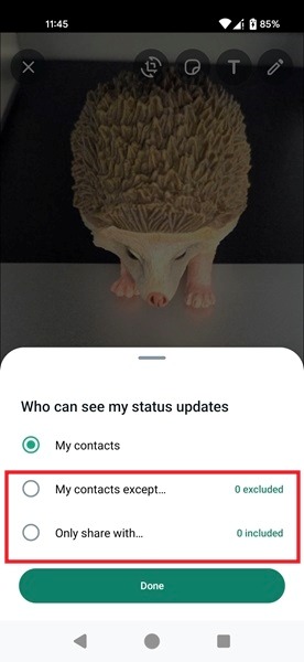 Tweaking privacy settings for status while posting on WhatsApp for Android.