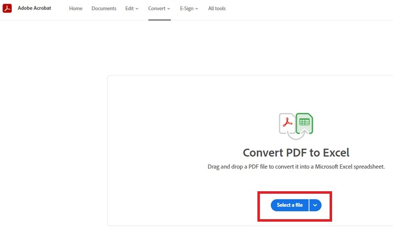 Adobe's PDF to Excel free tool home page.