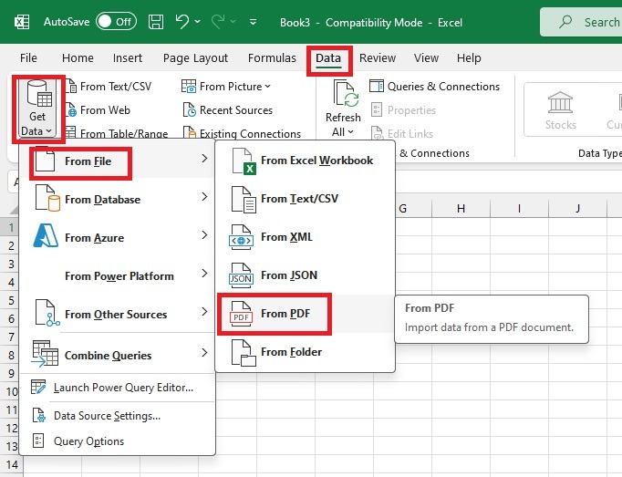 Importing a PDF in Excel using the Get Data option.