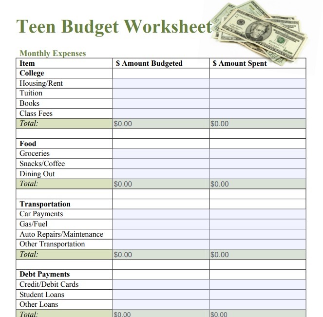 The teen budget spreadsheet to be used as an example.