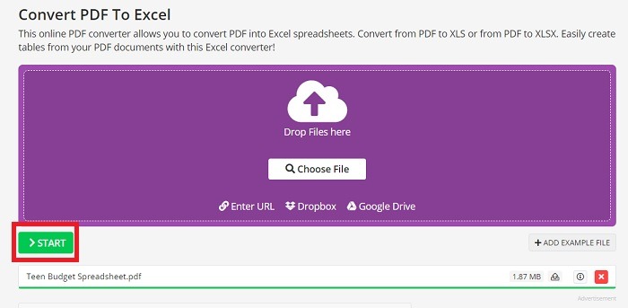 Press Start to convert your PDF to Excel on PDF2Go.