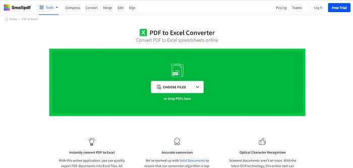 SmallPDF's PDF to Excel Converter tool home page.