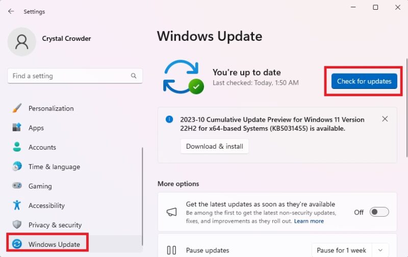 Check for updates in Windows Settings menu.
