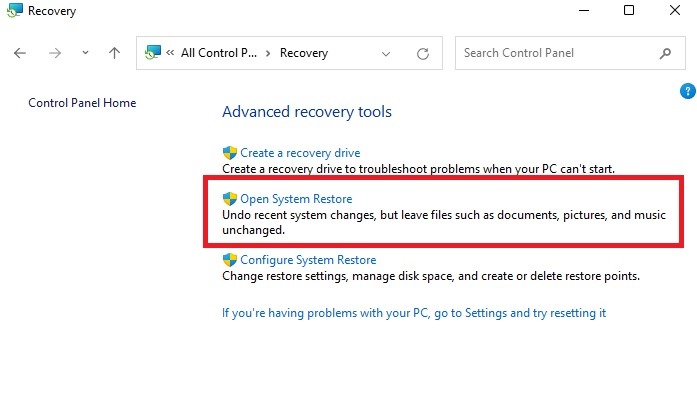 Open System Restore from Control Panel.