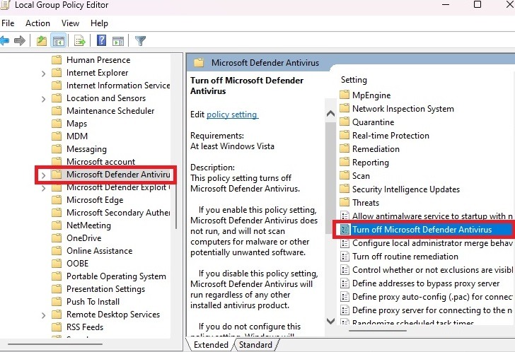 Disable Microsoft Defender in Group Policy Editor