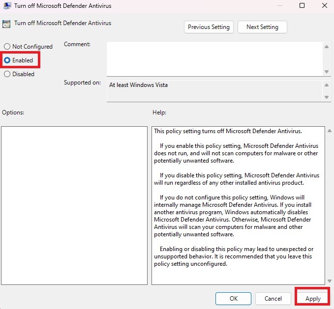 Enable Turn off Microsoft Defender Antivirus policy in Group Policy Editor