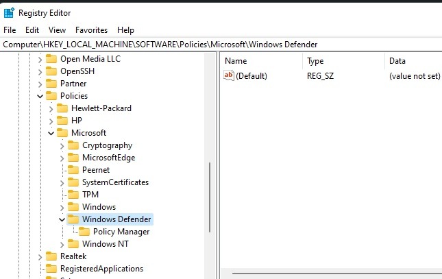 The Windows Defender folder in the Registry Editor.