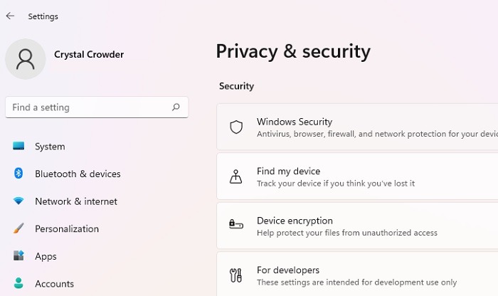 Windows Privacy & security settings window.