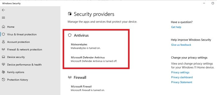 Turn on correct antivirus in Windows Security settings.