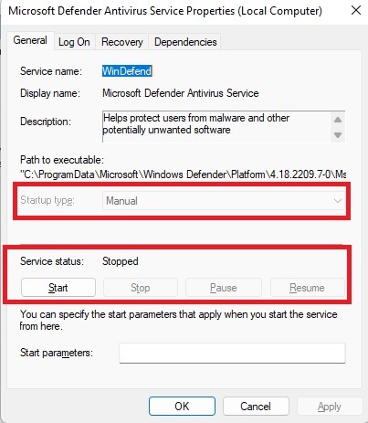 Disable WinDefend in Services