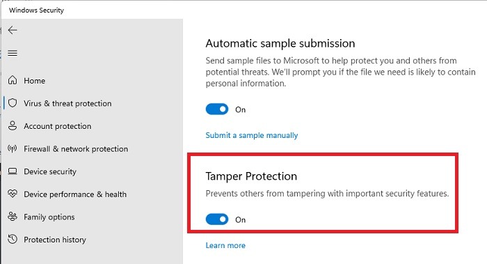 Disabling Tamper protection in Windows 11