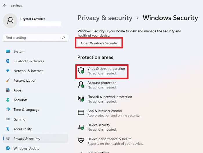 Opening Windows security to turn off tamper protection