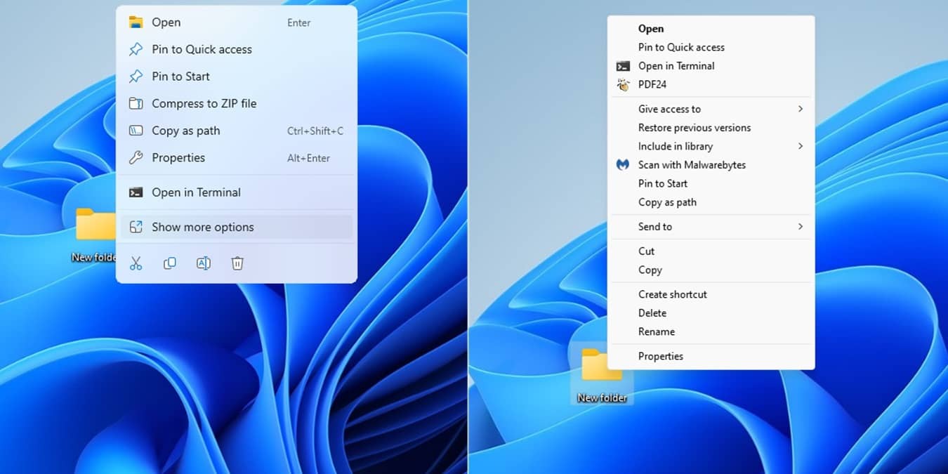 New and classic context menus side by side