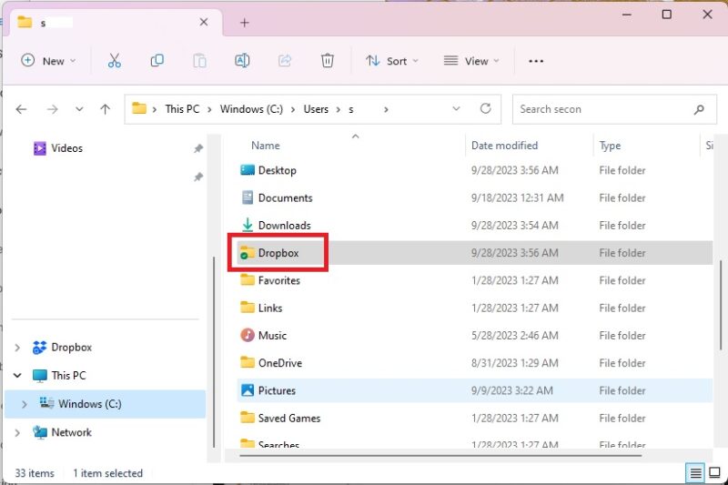 The Dropbox folder under the Windows User account folder in File Explorer.