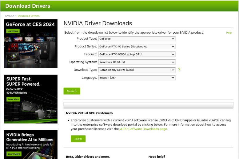 A screenshot showing the Nvidia driver downloads page.