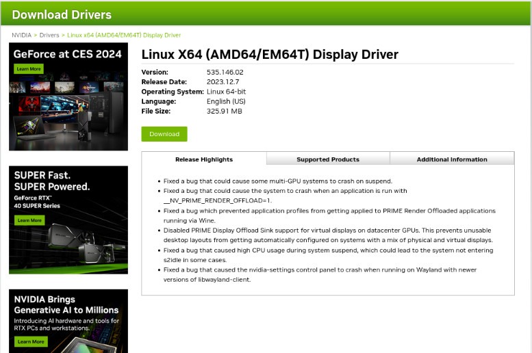 A screenshot showing the latest stable driver for Nvidia cards.