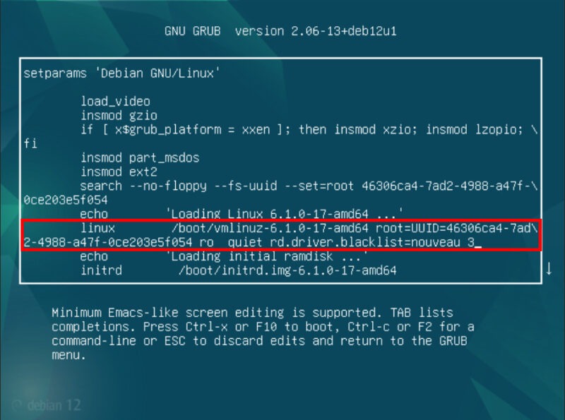 A screenshot highlighting the modified boot arguments for Debian Linux.