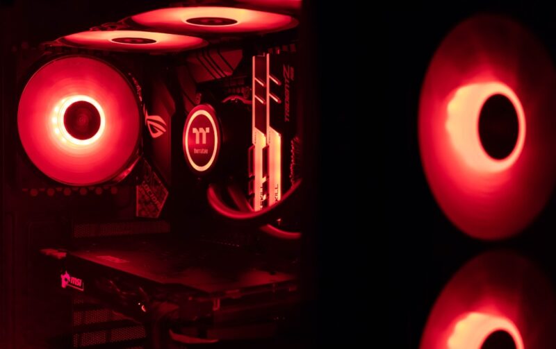 PC intake and exhaust fans in red lighting