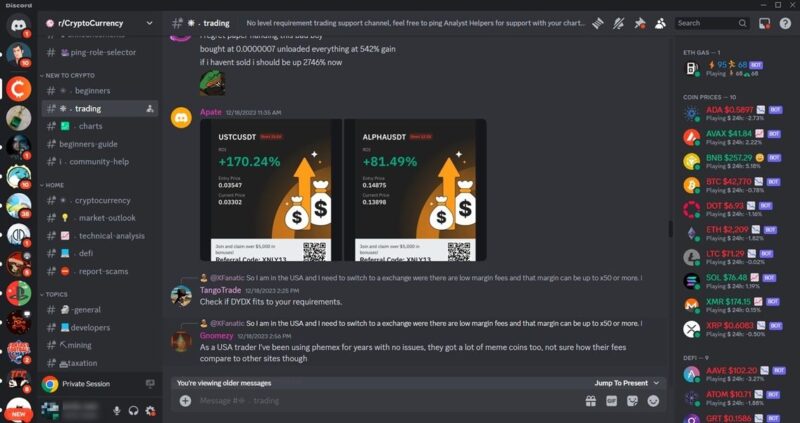 CryptoCurrency server view on Discord. 