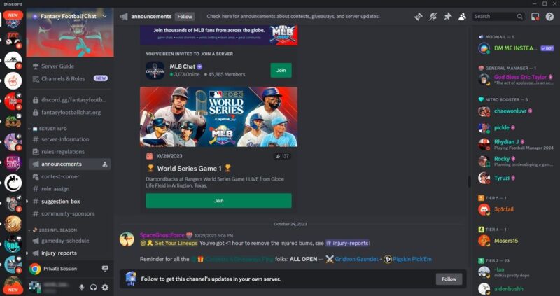 Fantasy Football Chat server view on Discord. 