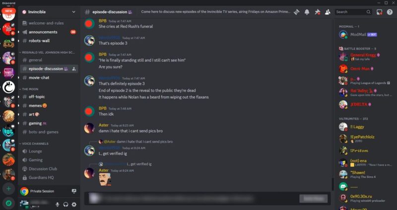 Invincible server view on Discord. 