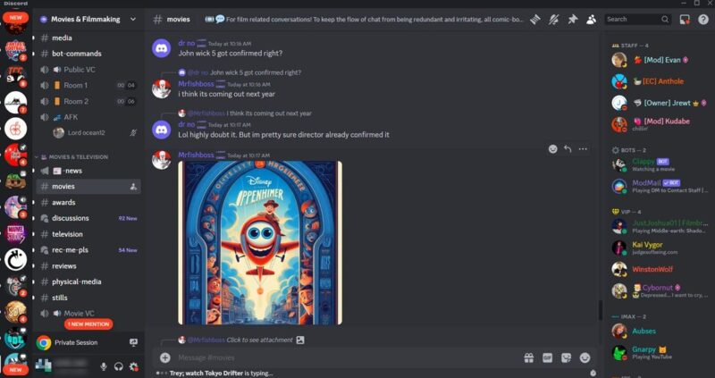 Movies & Filmmaking server view on Discord. 