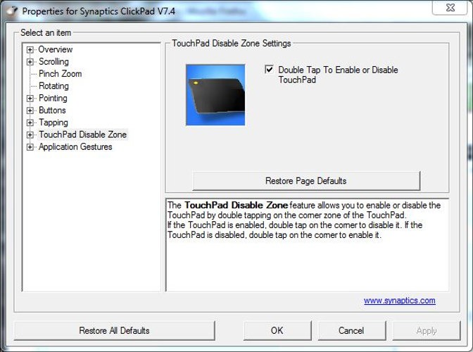 TouchPad Disable Zone properties