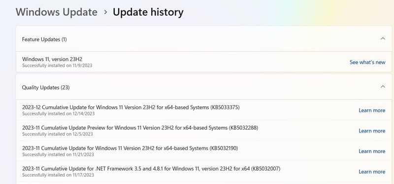 December 2023 updates history for Windows 11.