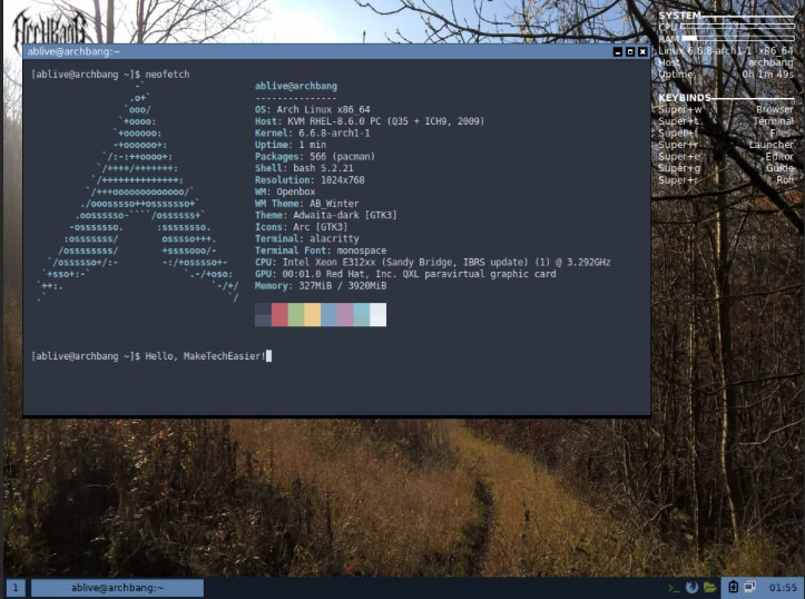 A screenshot of the default ArchBang desktop.