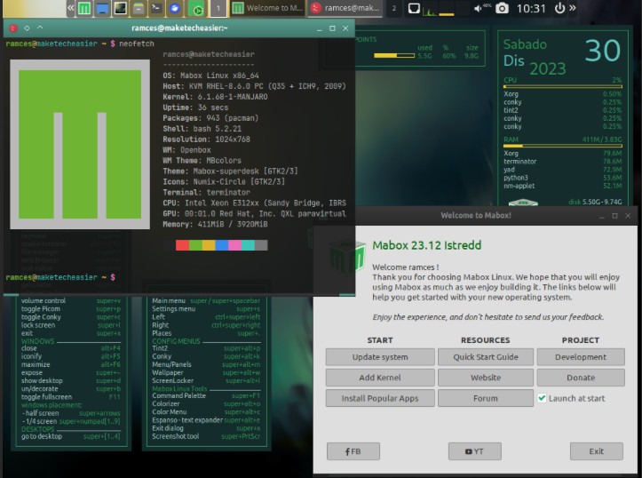 A screenshot of the default Mabox Linux desktop.