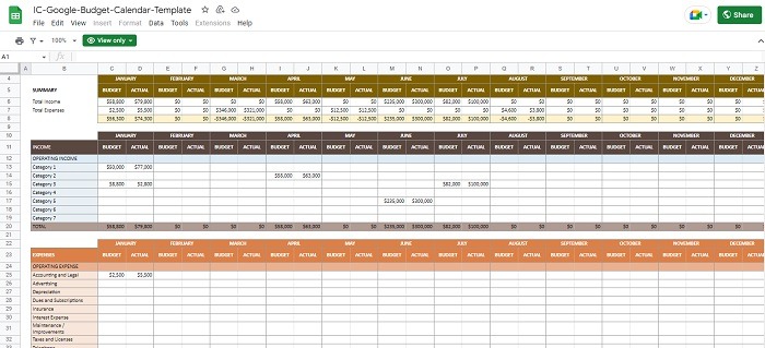 Budget Calendar template main page