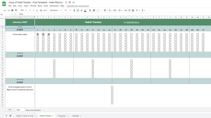 Tracking habits with the Habit Tracker Google Sheets calendar template