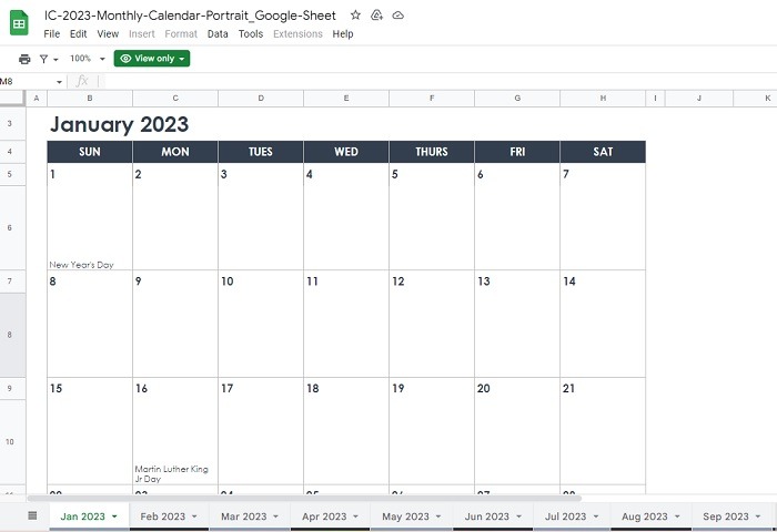 Monthly Calendar template in Portrait version.