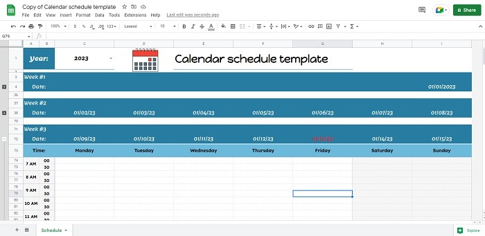 Multicolor Calendar Schedule, one of the best Google Sheets calendar templates for hourly scheduling.