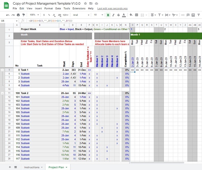 Project Plan template main tab.