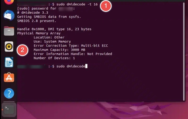 Maximum memory capacity of an Ubuntu machine using dmidecode command in Terminal.