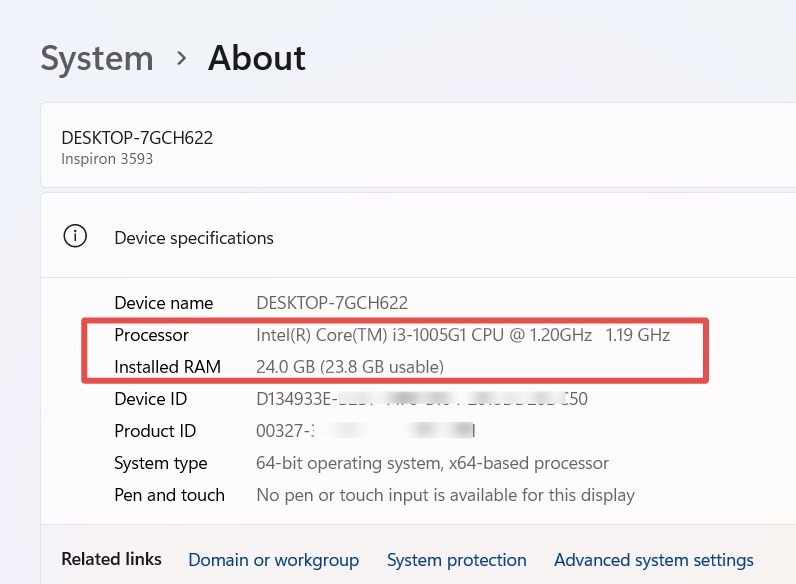 Installed RAM displayed on a Windows 11 device.