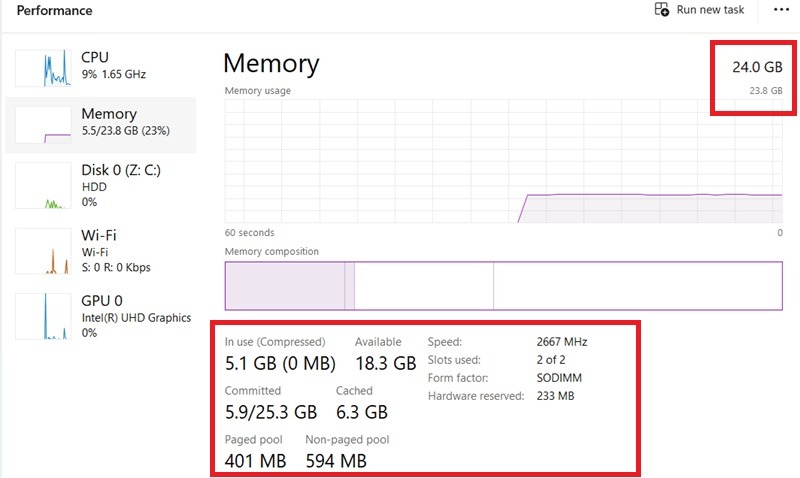 Windows RAM details visible in Task Manager under "Memory" page.