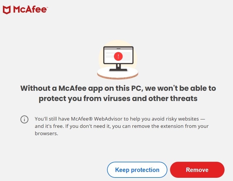 Clicking "Remove" button to comfirm McAfee uninstallation. 