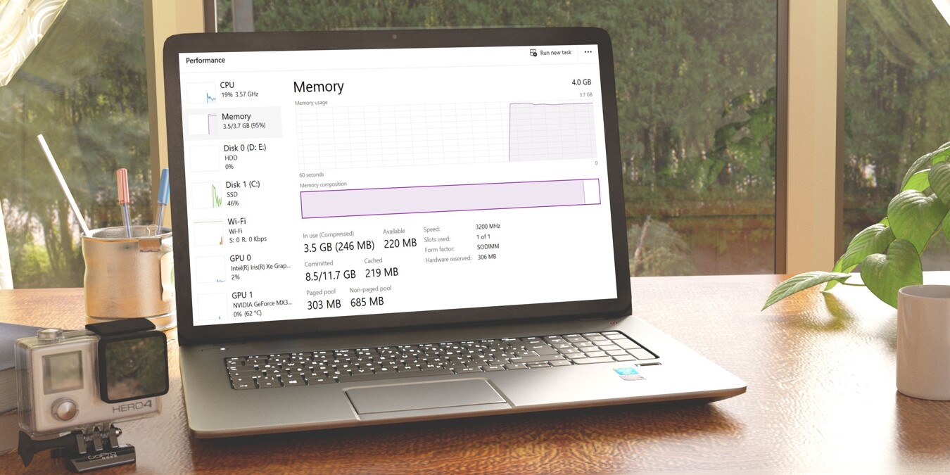 A laptop showing the memory details in the Task Manager