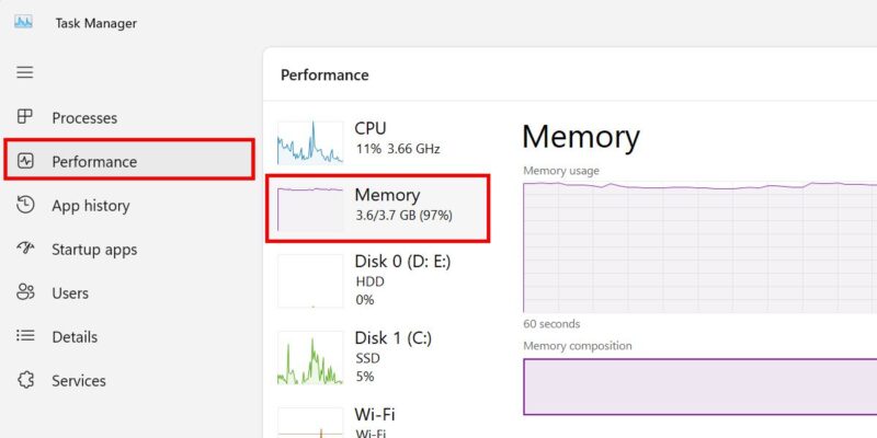 Finding Memory Compression details in Task Manager.