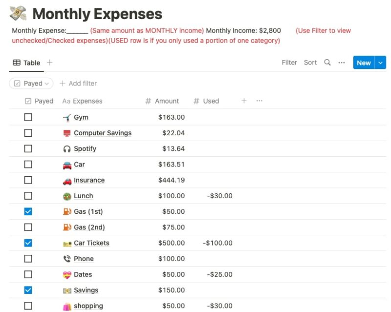Monthly Expenses, one of the best free Notion budget templates, main page