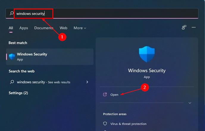 Opening Windows Security from Windows Search.