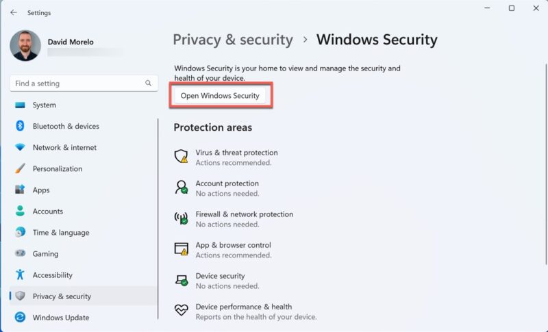 Clicking on "Open Windows Security" button under Windows Security. 