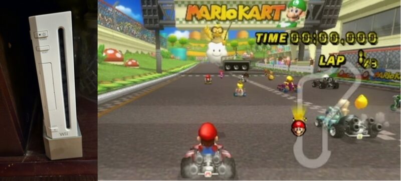 Nintendo Wii beside a race starting in Mario Kart.