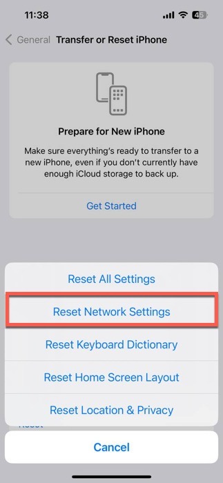 Reset Network Settings Ios Option