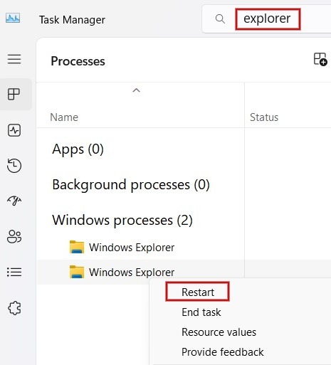 Restarting Windows Explorer via Task Manager.